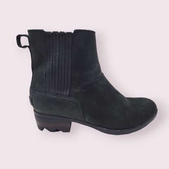 SOREL Womens Black Chelsea Boots Size 7.5 Lolla Slip On Leather Stacked Heel - Picture 1 of 8